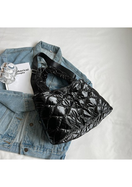Siyah Kadın Crossbody Çanta Düz Renk Naylon Pamuk-Yastıklı Üstten Saplı Çanta Rahat Fermuar Kış Moda Kapitone Bayanlar Büyük Tote (Yurt Dışından)