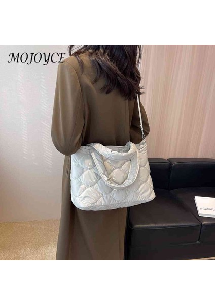 Siyah Kadın Crossbody Çanta Düz Renk Naylon Pamuk-Yastıklı Üstten Saplı Çanta Rahat Fermuar Kış Moda Kapitone Bayanlar Büyük Tote (Yurt Dışından) fırsatları