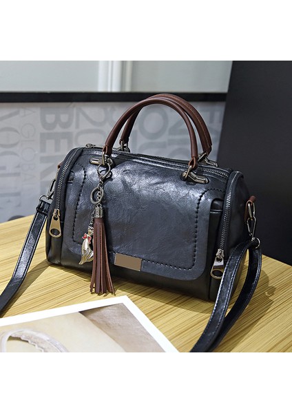Siyah Retro Omuz Çantası Boston Omuz Crossbody Çanta Kadın Seyahat Ayarlanabilir Askı Püskül Dekorasyon Bayanlar Kızlar Için Vintage Katı (Yurt Dışından)