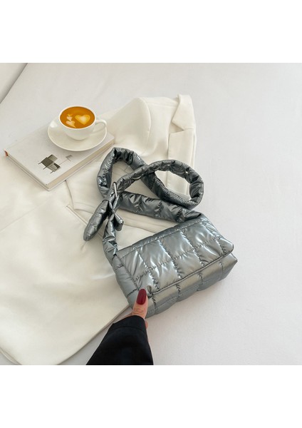 Gümüş Moda Pilili Kapitone Pamuk Yastıklı Izgara Çanta Kadın Büyük Kapasiteli Omuz Messenger Çanta Tasarım Satchel Alışveriş Çantası Çanta (Yurt Dışından)