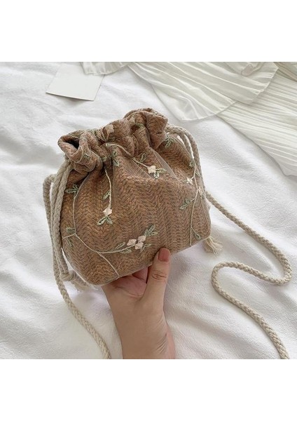 Koyu Kahverengi Rahat Dantel Crossbody Çanta Ipli Çiçek Nakış Örgü Kadın Hasır Omuz Askılı Çanta Bayanlar Plaj Moda Çanta (Yurt Dışından)