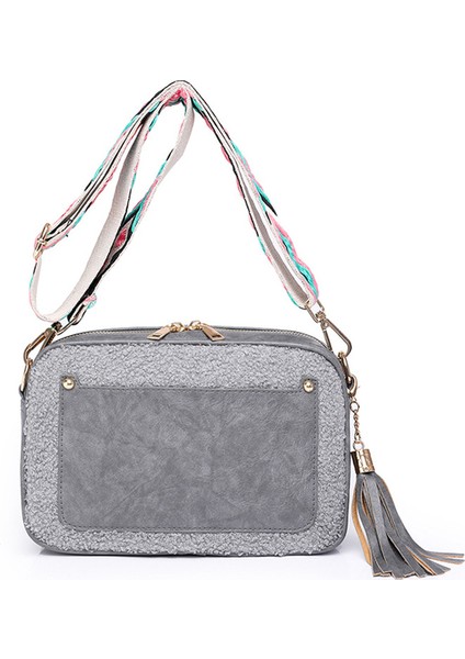 Gri Vintage Pu Deri Ekleme Polar Kuzu Aşağı Omuz Çantası Püsküller Geniş Kayış Küçük Kare Çanta Tote Çanta Bayan Alışveriş Için (Yurt Dışından)