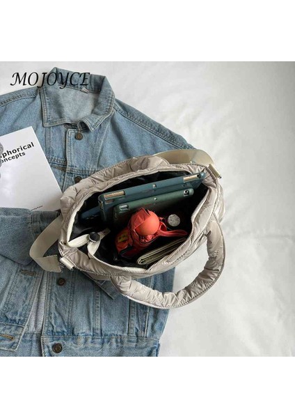 Gümüş Kadın Kadın Aşağı Çanta Düz Renk Naylon Pamuk-Yastıklı Alışveriş Çantası Rahat Fermuar Kış Moda Kapitone Bayanlar Büyük Tote (Yurt Dışından)