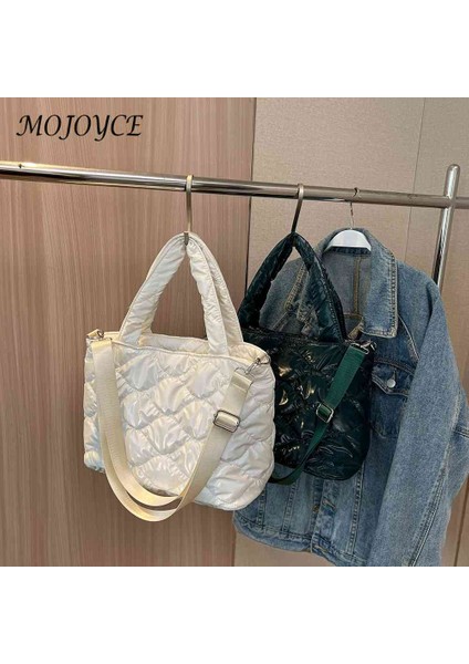 Gümüş Kadın Kadın Aşağı Çanta Düz Renk Naylon Pamuk-Yastıklı Alışveriş Çantası Rahat Fermuar Kış Moda Kapitone Bayanlar Büyük Tote (Yurt Dışından)