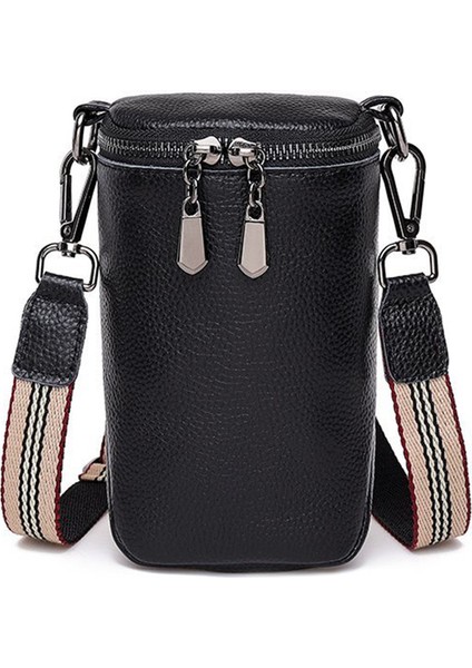 Siyah Inek Derisi Deri Crossbody Çanta Mini Basit Kadın Postacı Çantası Katı Fermuar Geniş Kayış Kadın Sling Seyahat Alışveriş Çalışması Için (Yurt Dışından)