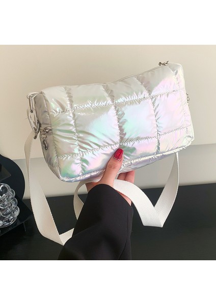 Beyaz Kış Kadın Tote Çanta Moda Kapitone Kontrol Işe Gidip Gelme Çantası Basit Rahat Naylon Zarif Yumuşak Taşınabilir Hafta Sonu Tatili Için (Yurt Dışından)