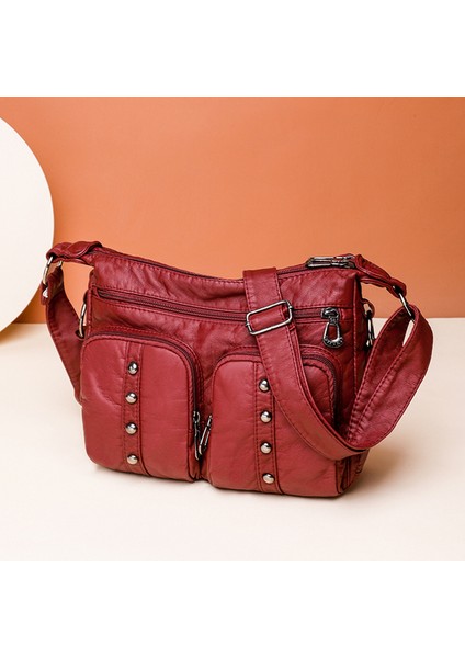 Kırmızı Çok Cep Hakiki Deri Kadınlar Için Crossbody Çanta 2023 Yeni Perçinli Tasarım Çanta Kadın Omuzdan Askili Çanta Messenger Kılıf Çanta (Yurt Dışından)