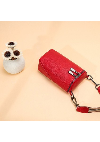 Kırmızı Inek Derisi Deri Omuz Crossbody Çanta Katı Fermuarlı Cep Telefonu Kılıfı Seyahat Için Geniş Kayış Kadın Sling Alışveriş Çalışma Çantası (Yurt Dışından)