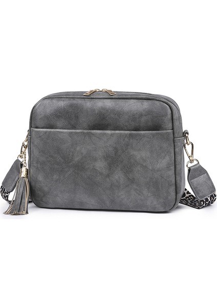 Gri Kadın Moda Crossbody Çanta Düz Renk Cep Telefonu Çanta Geniş Kayış Püsküller Zip Küçük Kare Bayanlar Kız Için Pu Deri (Yurt Dışından)
