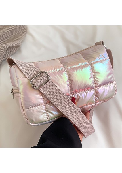 Pembe Kış Kadın Tote Çanta Moda Kapitone Kontrol Işe Gidip Gelme Çantası Basit Rahat Naylon Zarif Yumuşak Taşınabilir Hafta Sonu Tatili Için (Yurt Dışından)