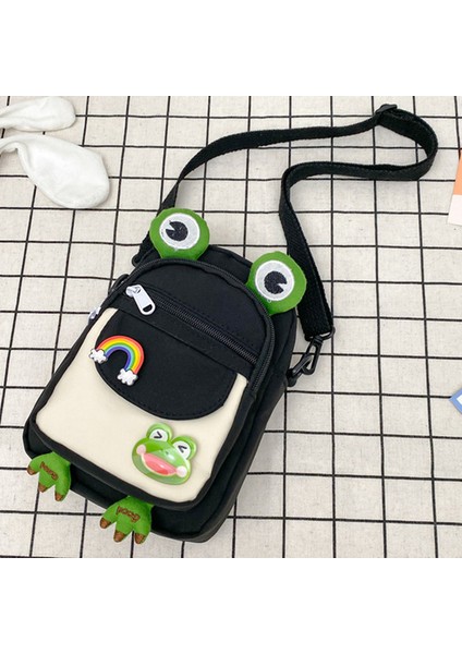 Siyah Yeni Stil Karikatür Kurbağa Askılı Çanta Moda Rahat Omuz Crossbody Kanvas Çanta Japon Günlük Sevimli Kız Küçük Tote Çanta Çanta (Yurt Dışından)