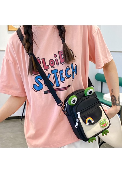 Siyah Yeni Stil Karikatür Kurbağa Askılı Çanta Moda Rahat Omuz Crossbody Kanvas Çanta Japon Günlük Sevimli Kız Küçük Tote Çanta Çanta (Yurt Dışından) indirimleri