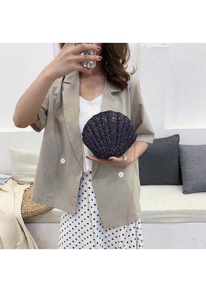 Siyah Kadın Omuz Çantaları Kabuk Çanta Zinciri Sevimli Payetler Küçük Çanta Fermuar Kadınlar Için Crossbody Çanta Omuz Tote Messenger Çanta (Yurt Dışından) modelleri