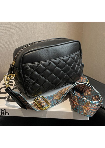 Siyah Retro Omuz Çantası Kapitone Pu Deri Omuz Crossbody Çanta Baskılar Geniş Kayış Eşkenar Dörtgen Desen Katı Fermuar Küçük Kadın Satchel (Yurt Dışından)