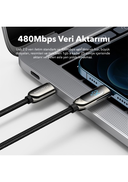 20W Usb-C To Lightning Dijital Ekranlı Hızlı Şarj Kablosu 1.2m (Rosstech Türkiye Garantili)