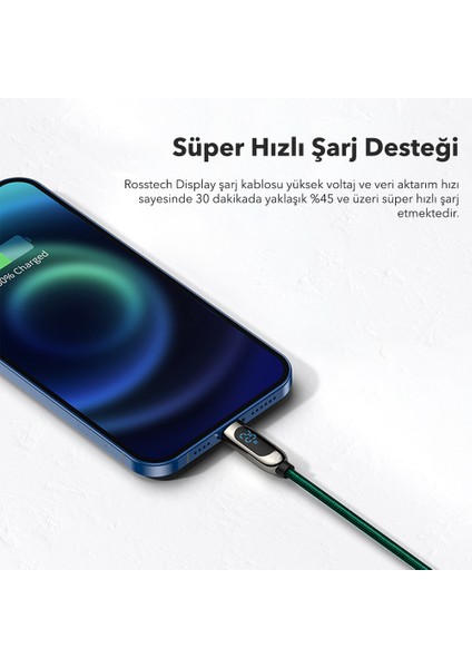 20W Usb-C To Lightning Dijital Ekranlı Hızlı Şarj Kablosu 1.2m (Rosstech Türkiye Garantili)