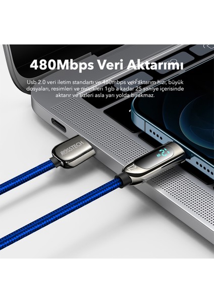 12W Lightning To USB Dijital Ekranlı Hızlı Şarj Kablosu 1.2m (Rosstech Türkiye Garantili)