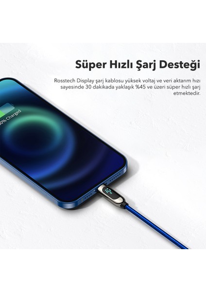 12W Lightning To USB Dijital Ekranlı Hızlı Şarj Kablosu 1.2m (Rosstech Türkiye Garantili)