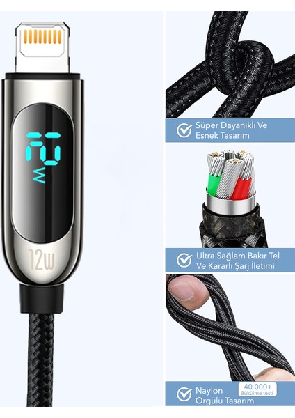 12W Lightning To USB Dijital Ekranlı Hızlı Şarj Kablosu 1.2m (Rosstech Türkiye Garantili)