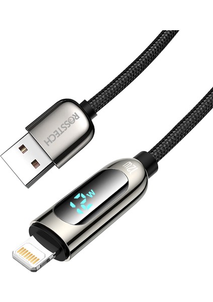 12W Lightning To USB Dijital Ekranlı Hızlı Şarj Kablosu 1.2m (Rosstech Türkiye Garantili)