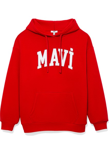 Kadın Mavi Logo Baskılı Kapüşonlu Kırmızı Sweatshirt 1600361-86417