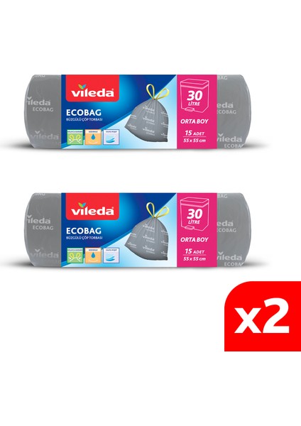 2 Paket 30 Litre Orta Boy 15'li Büzgülü Kokusuz Çöp Torbası