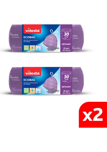 2 Paket 30 Litre Orta Boy 15'li Büzgülü Lavanta Kokulu Çöp Torbası