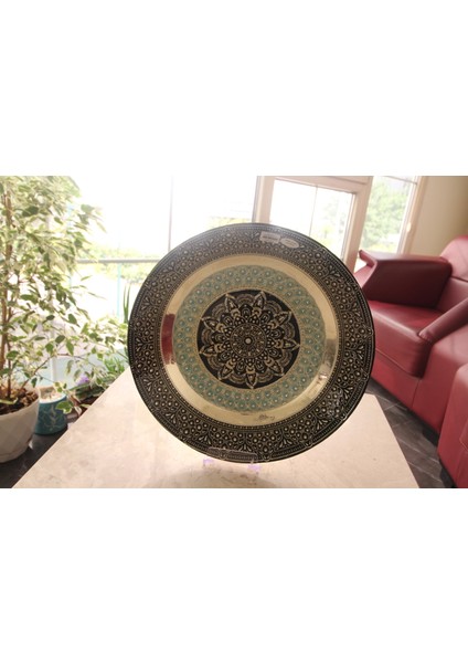 Osmanlı Motifli 990 Ayar Gümüş Kaplama 40CM Hediyelik Dekoratif Cam Tabak Gümüştabak