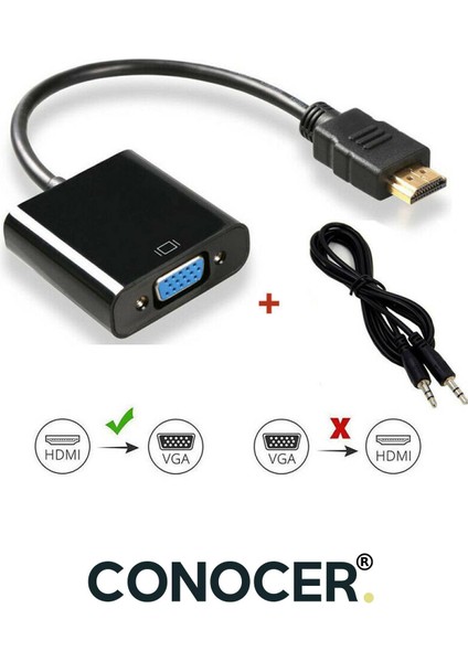 HDMI To VGA Çevirici Kablosu Hdmı Dönüştürücü Kablo (Micro USB Güç ve Aux Kablolu) Siyah