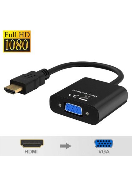 HDMI To VGA Çevirici Kablosu Hdmı Dönüştürücü Kablo (Micro USB Güç ve Aux Kablolu) Siyah