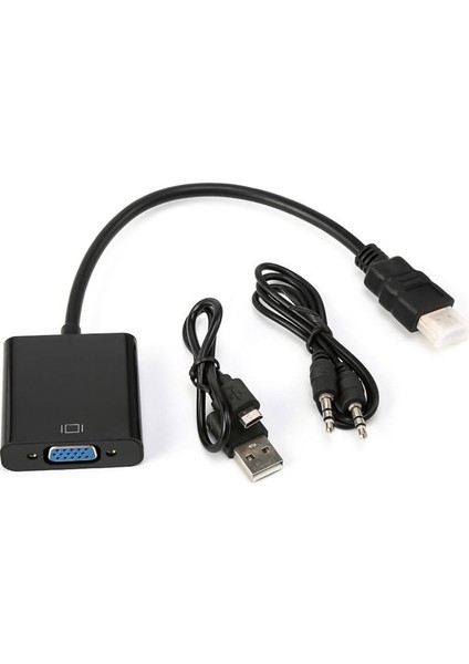 HDMI To VGA Çevirici Kablosu Hdmı Dönüştürücü Kablo (Micro USB Güç ve Aux Kablolu) Siyah