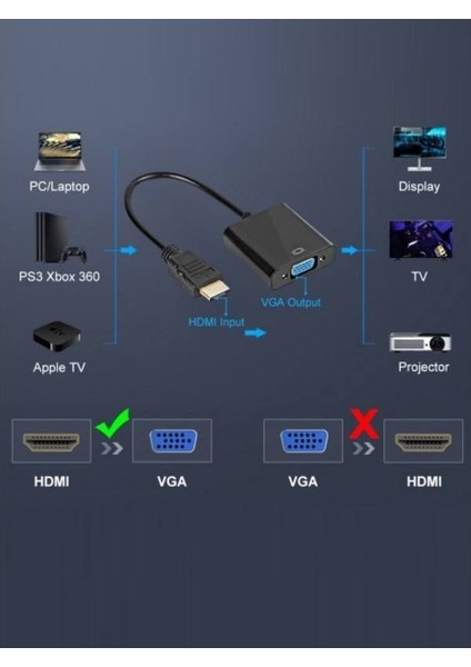 HDMI To VGA Çevirici Kablosu Hdmı Dönüştürücü Kablo (Micro USB Güç ve Aux Kablolu) Siyah