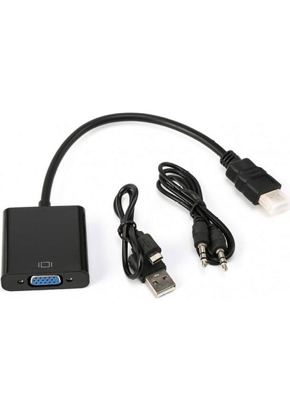 HDMI To VGA Çevirici Kablosu Hdmı Dönüştürücü Kablo (Micro USB Güç ve Aux Kablolu) Siyah