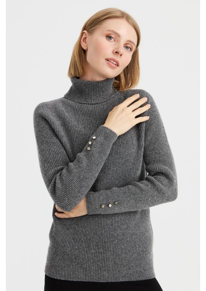 Kadın Tam Balıkçı Yaka Kol Ucu Düğmeli Yün Kazak Füme