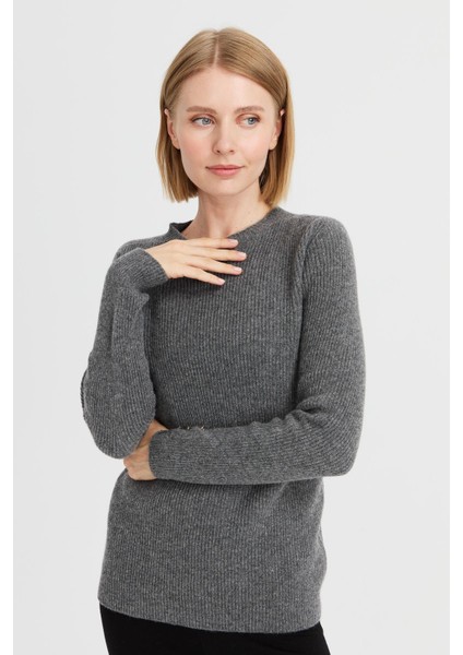 Kadın Sıfır Yaka Kol Ucu Düğmeli Yün Kazak Füme fiyatları