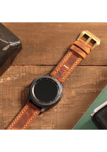 Samsung Galaxy Watch 4 5 6 / Watch 6 Classic 40MM 43MM 44MM 47MM Watch 5 Watch 5 Pro 40MM 44MM 45MM Watch 4 40MM 42MM 44MM 46MM 3 İp Motifli Gri Deri Kordon 20MM Hardal