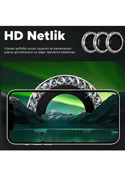 iPhone 13 Pro /13 Pro Max Uyumlu Swarovski Taşlı 3D Kamera Lens Koruyucu Gümüş [3'lü Set]