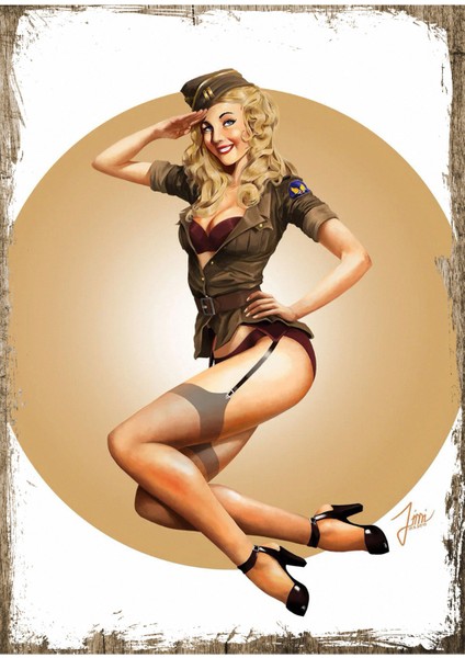 Jartiyerli Pin Up Kızı Ahşap Tablo