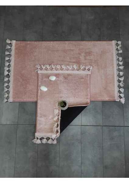 Elite Pudra Pembe Ponpon Saçaklı Peluş 2'li Banyo Paspası Halısı Kaymaz Taban Klozet Takımı Püsküllü