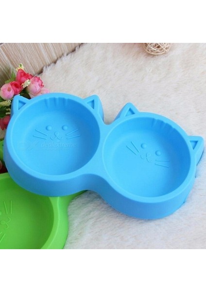 Plastik Kedi Yüzü Şekilli Pet Kase Besleme Aracı, Çevre Koruma Toksik Olmayan Köpek Maması Çift Kase Sofra Mavi (Yurt Dışından)