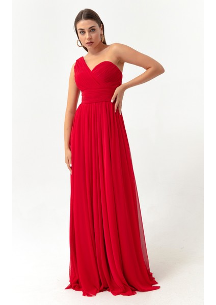 Kadın Kırmızı Tek Omuz Yırtmaçlı Uzun Abiye Elbise modelleri