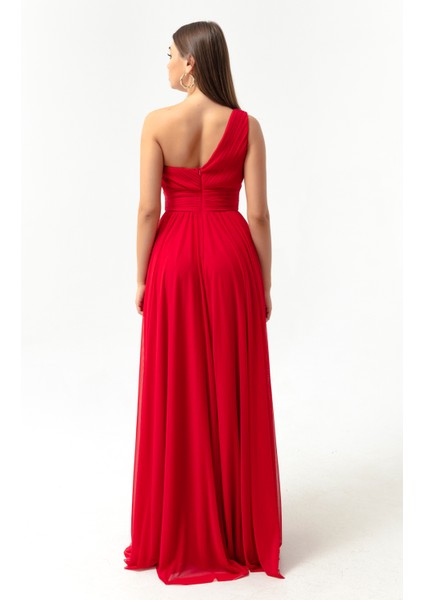 Kadın Kırmızı Tek Omuz Yırtmaçlı Uzun Abiye Elbise indirimleri