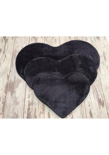 Elite Kalp Siyah 3'lü Peluş Banyo Halısı Paspası Seti Kaymaz Pufidik Klozet Takımı