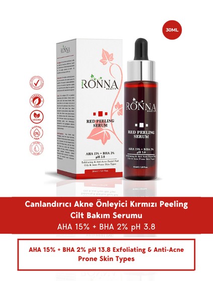 Akneli Cilt Düzenleyici Red Peeling Serum 30 ml AHA 15%+BHA 2% pH3.8