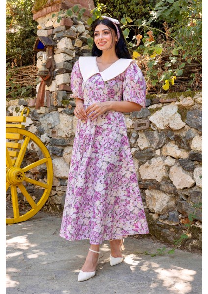 Yakalı Pembe Pastel Çiçekli Balon Kol Kloş Elbise fiyatları