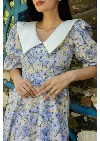 Yakalı Pembe Pastel Çiçekli Balon Kol Kloş Elbise fırsatları