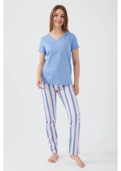 %100 Pamuk Kısa Kol V Yaka Kadın Pijama Takım 8596