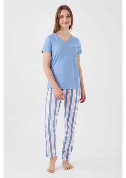 %100 Pamuk Kısa Kol V Yaka Kadın Pijama Takım 8596 fiyatları
