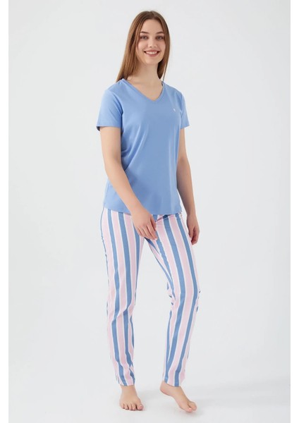 %100 Pamuk Kısa Kol V Yaka Kadın Pijama Takım 8596 modelleri