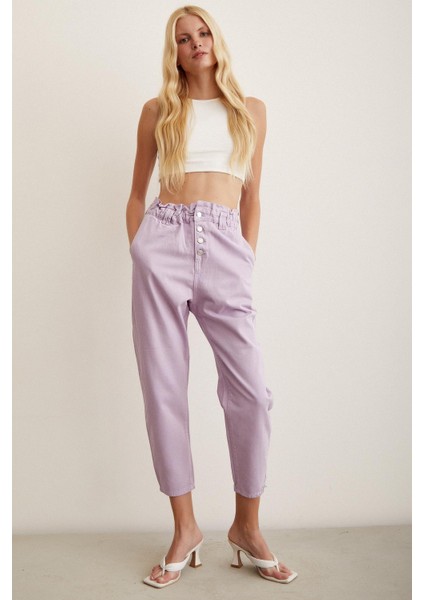 Beli Lastikli Düğme Kapalı Boyfriend Jean